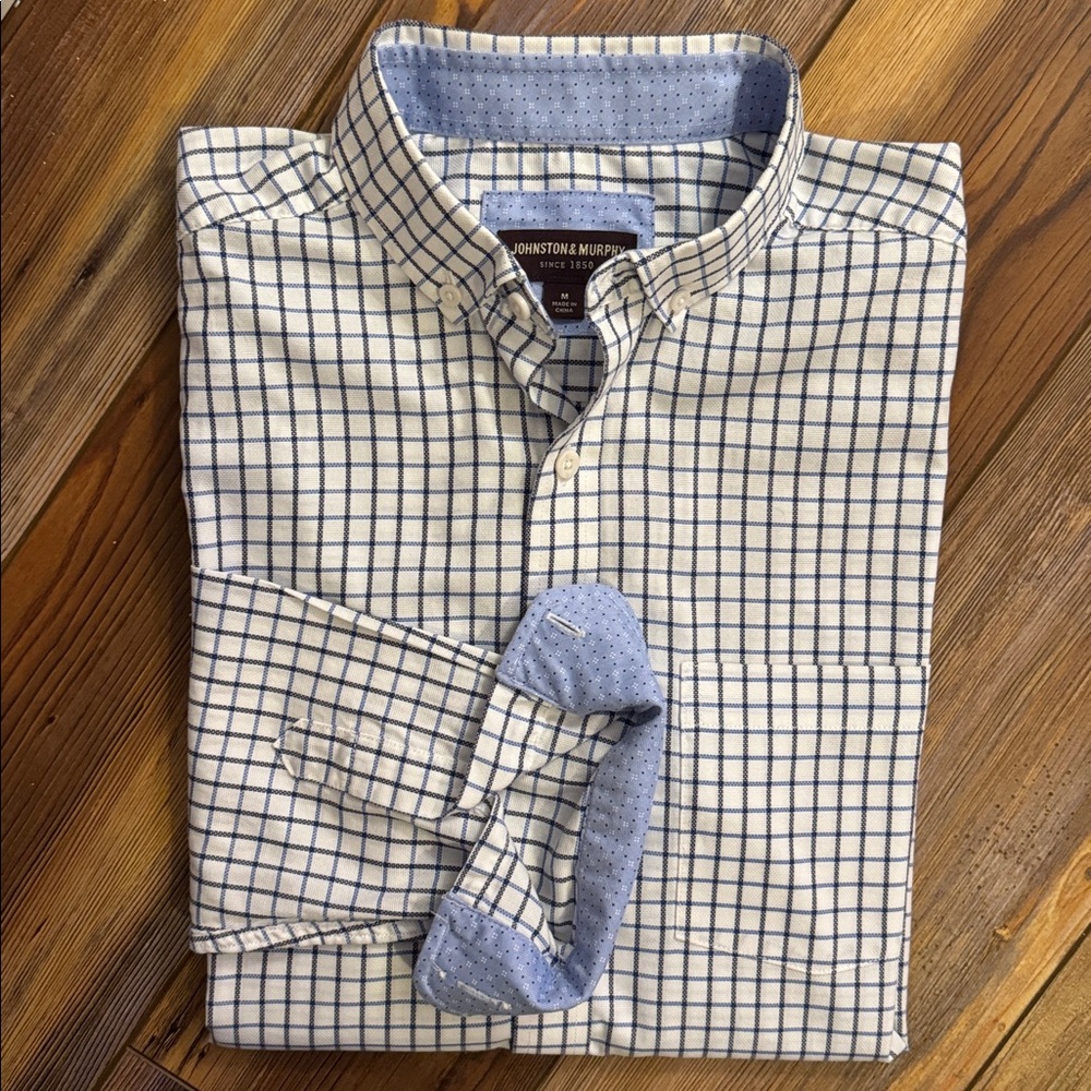 Johnston & Murphy Mens Medium Blue Check Button Down Shirt